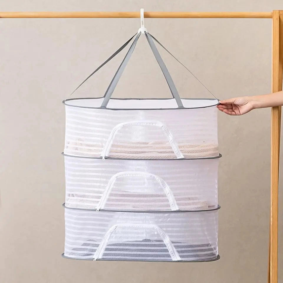 Askılı ,3 Katlı Meyve,Sebze,Kıyafet Kurutma Filesi,Rafı,Fermuarlı Katlanabilir,Büyük Boy