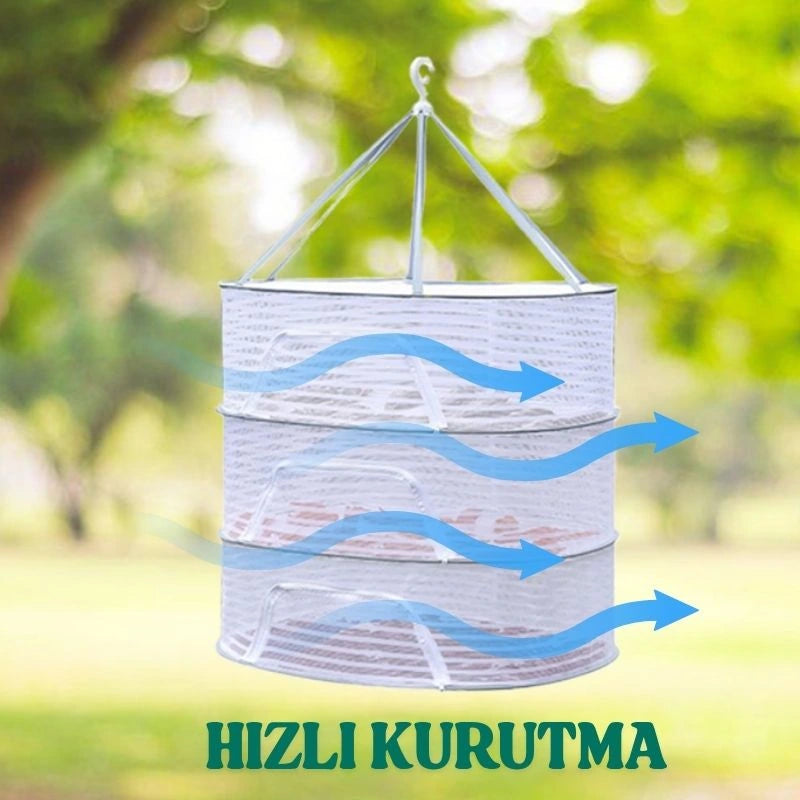 Askılı ,3 Katlı Meyve,Sebze,Kıyafet Kurutma Filesi,Rafı,Fermuarlı Katlanabilir,Büyük Boy