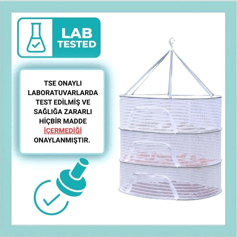 Askılı ,3 Katlı Meyve,Sebze,Kıyafet Kurutma Filesi,Rafı,Fermuarlı Katlanabilir,Büyük Boy