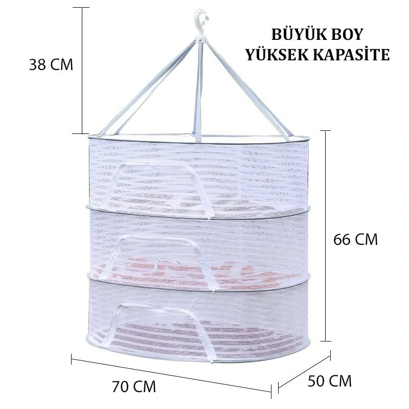 Askılı ,3 Katlı Meyve,Sebze,Kıyafet Kurutma Filesi,Rafı,Fermuarlı Katlanabilir,Büyük Boy