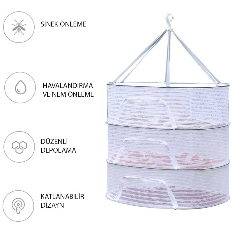 Askılı ,3 Katlı Meyve,Sebze,Kıyafet Kurutma Filesi,Rafı,Fermuarlı Katlanabilir,Büyük Boy