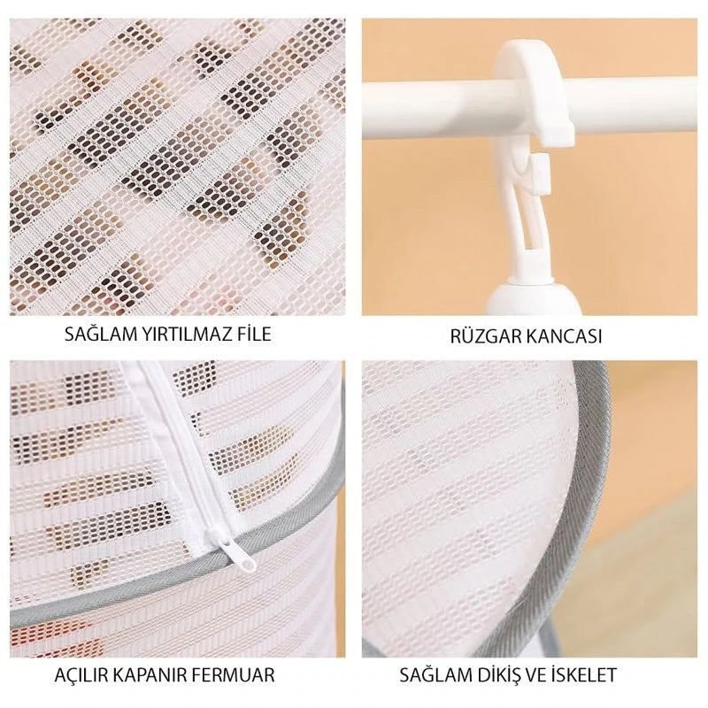 Askılı ,3 Katlı Meyve,Sebze,Kıyafet Kurutma Filesi,Rafı,Fermuarlı Katlanabilir,Büyük Boy